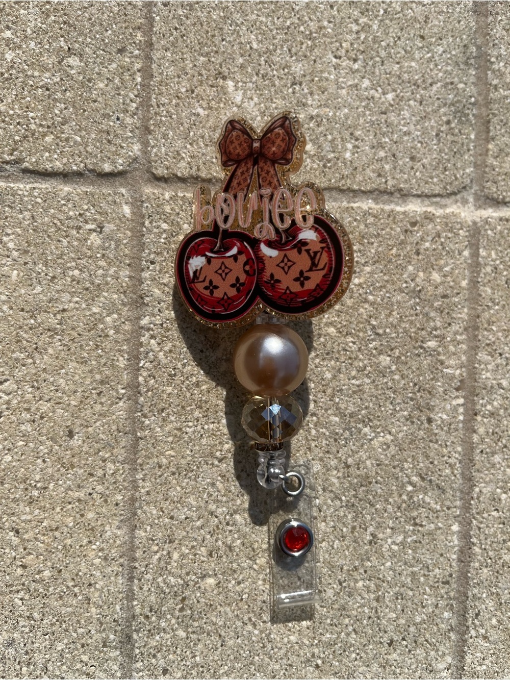 Hand Crafted Inspired Boujee Cherry Badge Reel with Pearl and Crystal Accent